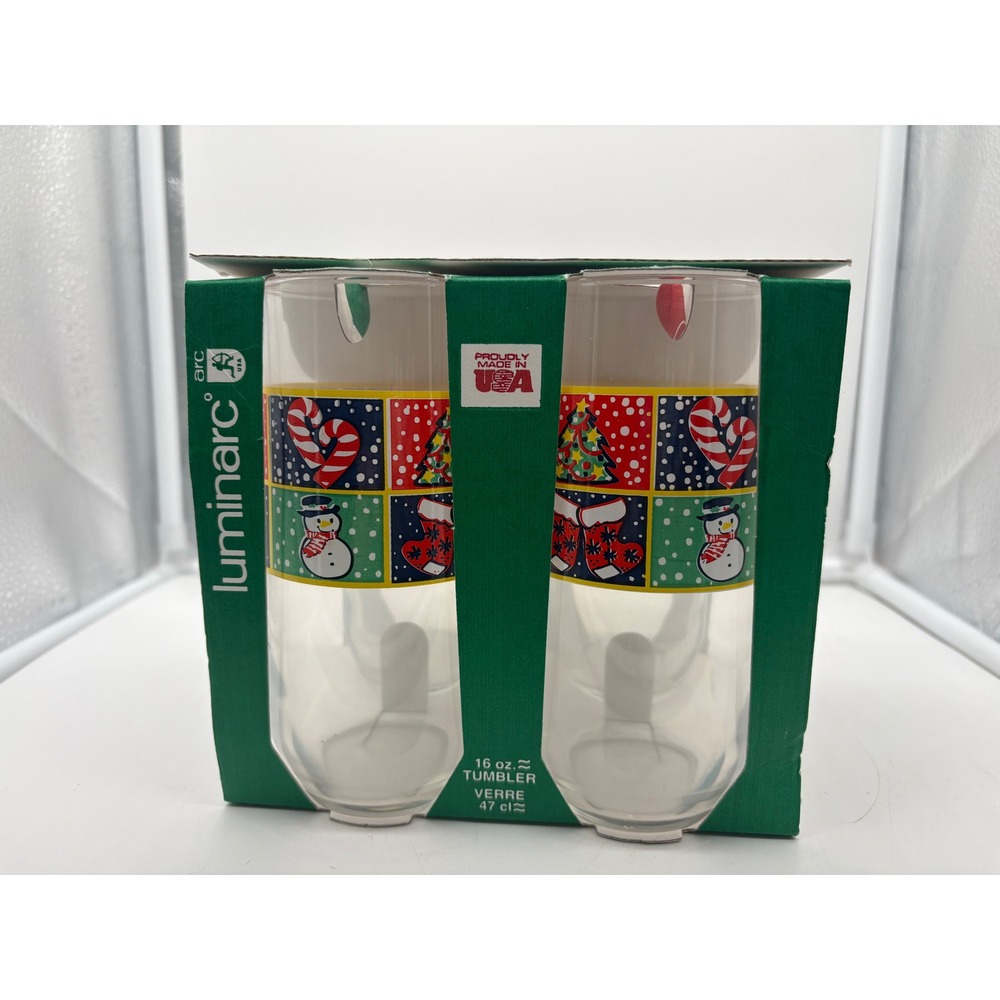 Vintage Luminarc Christmas Tumblers 16oz Set of 4 Patchwork Snowman Tree NOS